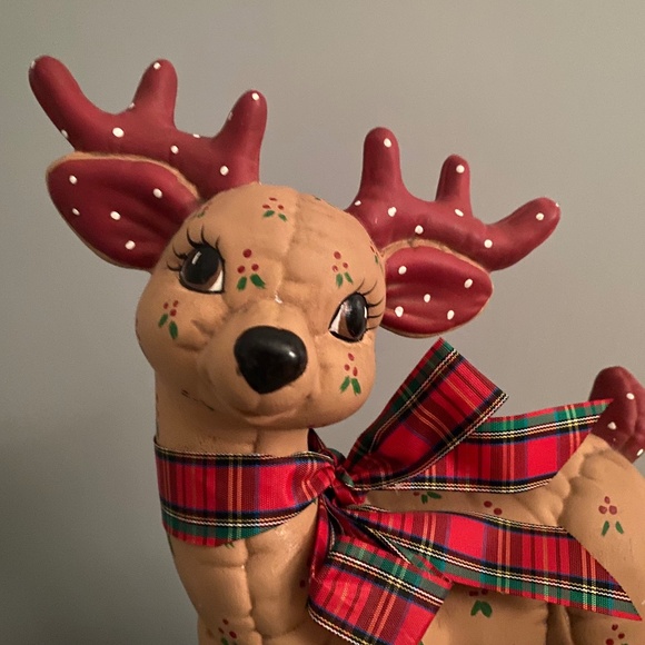 Vintage Ceramic Reindeer Figures Hand Painted Brown with Red Polka Dot Antlers - Picture 3 of 8